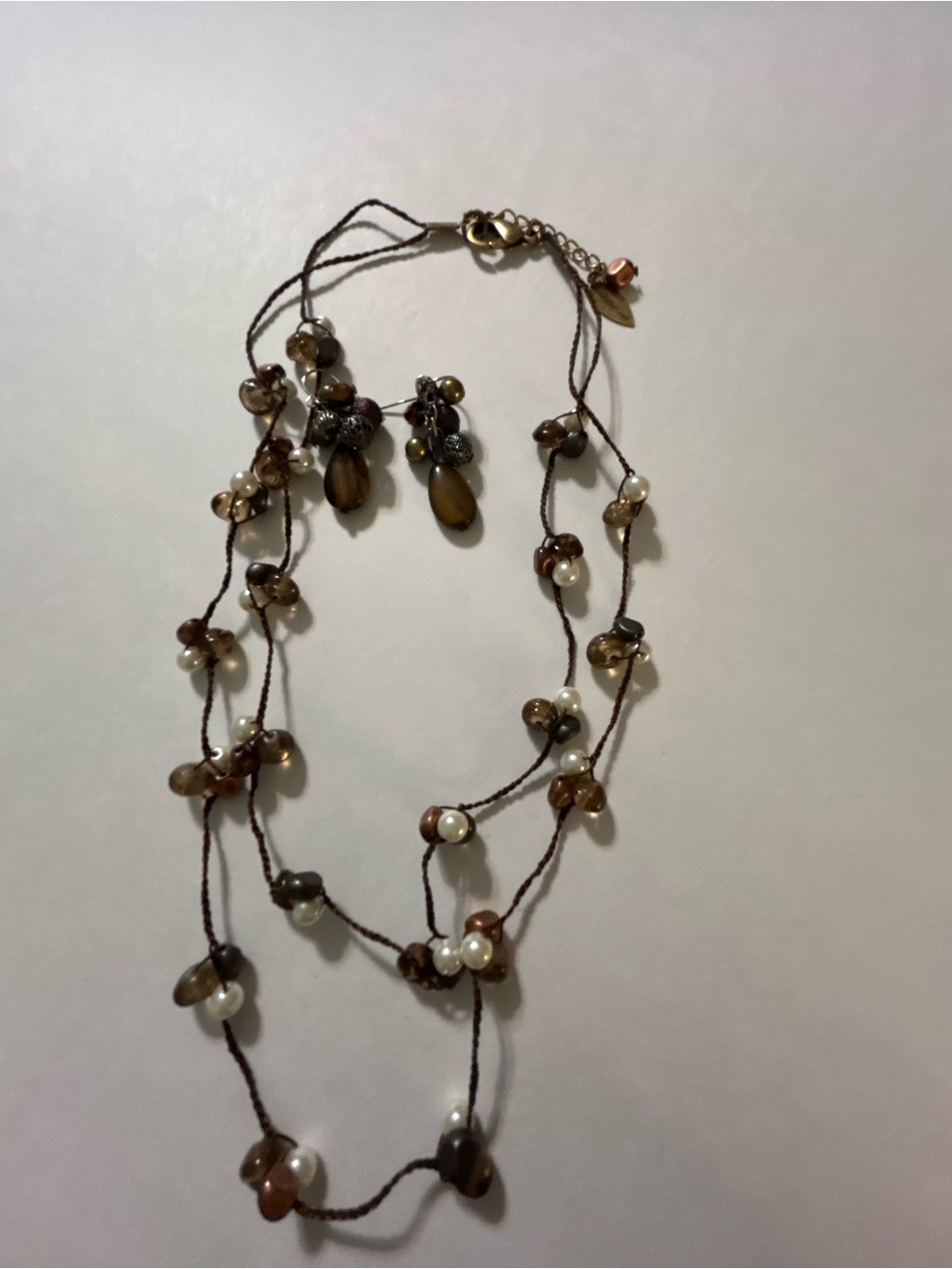 Coldwater Creek Boho Brown Pearl Tiger Eye Strand Necklace & Earring Set